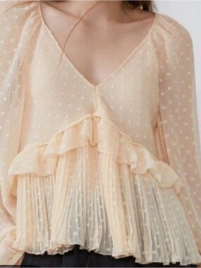 Zara Light Peach Sheer Ruffle Peplum Blouse